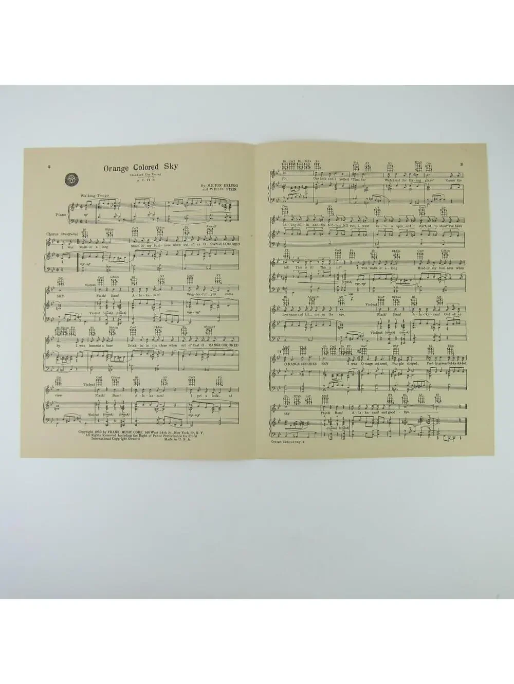 Sheet Music Orange Colored Sky Milton Delugg Willie Stein Jazz Song Vintage 1950